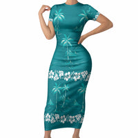 Cyan Hawaii Palm Tree Hibiscus Short Sleeve Bodycon Dress Fantasy Summer Vibe LT01 Long Dress Cyan - Polynesian Pride