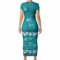 Cyan Hawaii Palm Tree Hibiscus Short Sleeve Bodycon Dress Fantasy Summer Vibe LT01 - Polynesian Pride