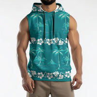 Cyan Hawaii Palm Tree Hibiscus Sleeveless Hoodie Fantasy Summer Vibe LT01 - Polynesian Pride