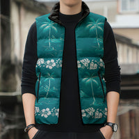 Cyan Hawaii Palm Tree Hibiscus Sleeveless Puffer Jacket Fantasy Summer Vibe LT01 - Polynesian Pride
