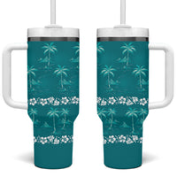 Cyan Hawaii Palm Tree Hibiscus Tumbler With Handle Fantasy Summer Vibe LT01 One Size: 40 oz Cyan - Polynesian Pride