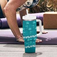 Cyan Hawaii Palm Tree Hibiscus Tumbler With Handle Fantasy Summer Vibe LT01 - Polynesian Pride