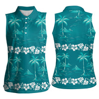 Cyan Hawaii Palm Tree Hibiscus Women Sleeveless Polo Shirt Fantasy Summer Vibe LT01 - Polynesian Pride