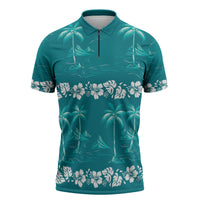 Cyan Hawaii Palm Tree Hibiscus Zipper Polo Shirt Fantasy Summer Vibe LT01 Cyan - Polynesian Pride