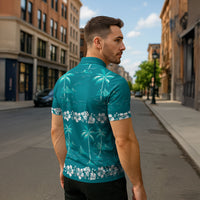 Cyan Hawaii Palm Tree Hibiscus Zipper Polo Shirt Fantasy Summer Vibe LT01 - Polynesian Pride