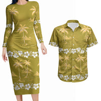 Yellow Hawaii Palm Tree Hibiscus Couples Matching Long Sleeve Bodycon Dress and Hawaiian Shirt Fantasy Summer Vibe LT01 Yellow - Polynesian Pride