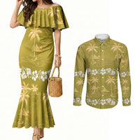 Yellow Hawaii Palm Tree Hibiscus Couples Matching Mermaid Dress and Long Sleeve Button Shirt Fantasy Summer Vibe LT01 Yellow - Polynesian Pride