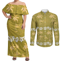 Yellow Hawaii Palm Tree Hibiscus Couples Matching Off Shoulder Maxi Dress and Long Sleeve Button Shirt Fantasy Summer Vibe LT01 Yellow - Polynesian Pride