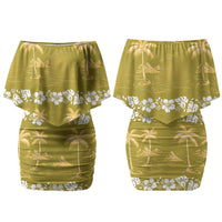 Yellow Hawaii Palm Tree Hibiscus Couples Matching Off Shoulder Short Dress and Hawaiian Shirt Fantasy Summer Vibe LT01 - Polynesian Pride