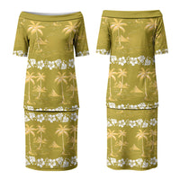 Yellow Hawaii Palm Tree Hibiscus Couples Matching Puletasi and Long Sleeve Button Shirt Fantasy Summer Vibe LT01 - Polynesian Pride