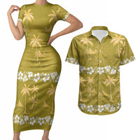 Yellow Hawaii Palm Tree Hibiscus Couples Matching Short Sleeve Bodycon Dress and Hawaiian Shirt Fantasy Summer Vibe LT01 Yellow - Polynesian Pride
