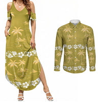 Yellow Hawaii Palm Tree Hibiscus Couples Matching Summer Maxi Dress and Long Sleeve Button Shirt Fantasy Summer Vibe LT01 Yellow - Polynesian Pride