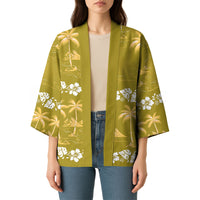 Yellow Hawaii Palm Tree Hibiscus Kimono Fantasy Summer Vibe LT01 - Polynesian Pride
