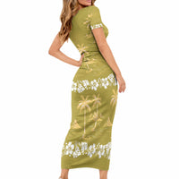 Yellow Hawaii Palm Tree Hibiscus Short Sleeve Bodycon Dress Fantasy Summer Vibe LT01 - Polynesian Pride