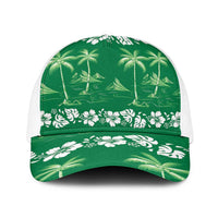Green Hawaii Palm Tree Hibiscus Baseball Net Cap Fantasy Summer Vibe LT01 One Size White Green - Polynesian Pride