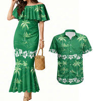 Green Hawaii Palm Tree Hibiscus Couples Matching Mermaid Dress and Hawaiian Shirt Fantasy Summer Vibe LT01 Green - Polynesian Pride