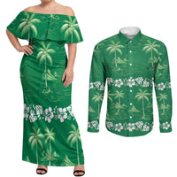 Green Hawaii Palm Tree Hibiscus Couples Matching Off Shoulder Maxi Dress and Long Sleeve Button Shirt Fantasy Summer Vibe LT01 Green - Polynesian Pride