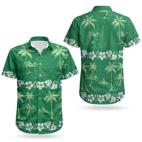 Green Hawaii Palm Tree Hibiscus Couples Matching Short Sleeve Bodycon Dress and Hawaiian Shirt Fantasy Summer Vibe LT01 - Polynesian Pride