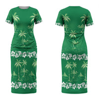 Green Hawaii Palm Tree Hibiscus Couples Matching Short Sleeve Bodycon Dress and Hawaiian Shirt Fantasy Summer Vibe LT01 - Polynesian Pride