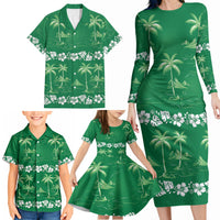 Green Hawaii Palm Tree Hibiscus Family Matching Long Sleeve Bodycon Dress and Hawaiian Shirt Fantasy Summer Vibe LT01 - Polynesian Pride