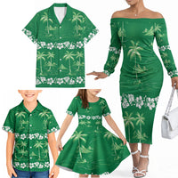 Green Hawaii Palm Tree Hibiscus Family Matching Off The Shoulder Long Sleeve Dress and Hawaiian Shirt Fantasy Summer Vibe LT01 - Polynesian Pride