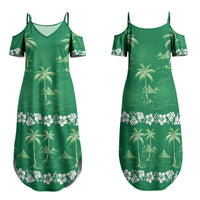 Green Hawaii Palm Tree Hibiscus Family Matching Summer Maxi Dress and Hawaiian Shirt Fantasy Summer Vibe LT01 Mom's Dress Green - Polynesian Pride