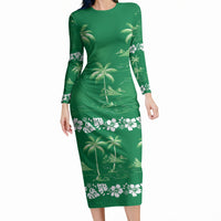 Green Hawaii Palm Tree Hibiscus Long Sleeve Bodycon Dress Fantasy Summer Vibe LT01 Long Dress Green - Polynesian Pride