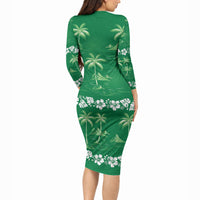 Green Hawaii Palm Tree Hibiscus Long Sleeve Bodycon Dress Fantasy Summer Vibe LT01 - Polynesian Pride