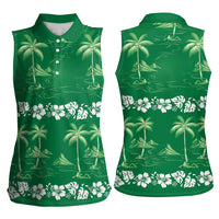 Green Hawaii Palm Tree Hibiscus Women Sleeveless Polo Shirt Fantasy Summer Vibe LT01 - Polynesian Pride