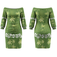 Olive Green Hawaii Palm Tree Hibiscus Couples Matching Off The Shoulder Long Sleeve Dress and Long Sleeve Button Shirt Fantasy Summer Vibe