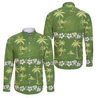 Olive Green Hawaii Palm Tree Hibiscus Family Matching Off The Shoulder Long Sleeve Dress and Hawaiian Shirt Fantasy Summer Vibe LT01 Dad's Shirt - Long Sleeve Olive - Polynesian Pride