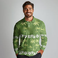 Olive Green Hawaii Palm Tree Hibiscus Long Sleeve Polo Shirt Fantasy Summer Vibe