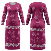 Pink Hawaii Palm Tree Hibiscus Couples Matching Long Sleeve Bodycon Dress and Long Sleeve Button Shirt Fantasy Summer Vibe