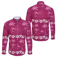 Pink Hawaii Palm Tree Hibiscus Family Matching Long Sleeve Bodycon Dress and Hawaiian Shirt Fantasy Summer Vibe LT01 Dad's Shirt - Long Sleeve Pink - Polynesian Pride
