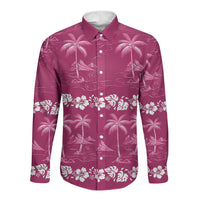 Pink Hawaii Palm Tree Hibiscus Long Sleeve Button Shirt Fantasy Summer Vibe