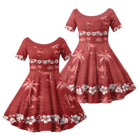 Red Hawaii Palm Tree Hibiscus Family Matching Off Shoulder Maxi Dress and Hawaiian Shirt Fantasy Summer Vibe