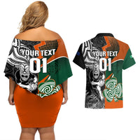 New Zealand and Ireland Rugby Couples Matching Off Shoulder Short Dress and Hawaiian Shirt Silver Fern With Shamrock 2023 World Cup LT01 - Polynesian Pride
