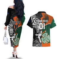 New Zealand and Ireland Rugby Couples Matching Off The Shoulder Long Sleeve Dress and Hawaiian Shirt Silver Fern With Shamrock 2023 World Cup LT01 - Polynesian Pride