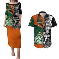 New Zealand and Ireland Rugby Couples Matching Puletasi Dress and Hawaiian Shirt Silver Fern With Shamrock 2023 World Cup LT01 Art - Polynesian Pride