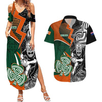 New Zealand and Ireland Rugby Couples Matching Summer Maxi Dress and Hawaiian Shirt Silver Fern With Shamrock 2023 World Cup LT01 Art - Polynesian Pride