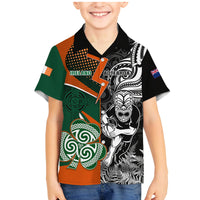 New Zealand and Ireland Rugby Family Matching Mermaid Dress and Hawaiian Shirt Silver Fern With Shamrock 2023 World Cup LT01 Son's Shirt Art - Polynesian Pride
