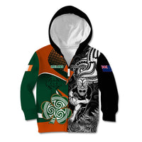 New Zealand and Ireland Rugby Kid Hoodie Silver Fern With Shamrock 2023 World Cup LT01 Zip Hoodie Art - Polynesian Pride