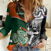 New Zealand and Ireland Rugby Women Casual Shirt Silver Fern With Shamrock 2023 World Cup LT01 Female Art - Polynesian Pride