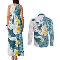 Maori Manta Ray Plumeria Teal Couples Matching Tank Maxi Dress and Long Sleeve Button Shirt LT01 - Polynesian Pride