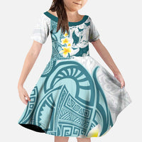 Maori Manta Ray Plumeria Teal Family Matching Off Shoulder Maxi Dress and Hawaiian Shirt LT01 Daughter's Dress Teal - Polynesian Pride