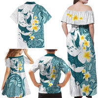 Maori Manta Ray Plumeria Teal Family Matching Off Shoulder Maxi Dress and Hawaiian Shirt LT01 - Polynesian Pride
