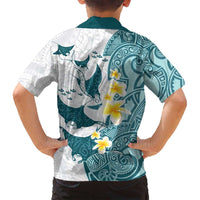 Maori Manta Ray Plumeria Teal Family Matching Off Shoulder Short Dress and Hawaiian Shirt