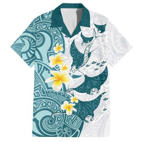 Maori Manta Ray Plumeria Teal Family Matching Off Shoulder Short Dress and Hawaiian Shirt