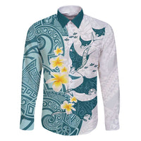 Maori Manta Ray Plumeria Teal Family Matching Puletasi and Hawaiian Shirt