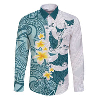 Maori Manta Ray Plumeria Teal Family Matching Summer Maxi Dress and Hawaiian Shirt LT01 Dad's Shirt - Long Sleeve Teal - Polynesian Pride